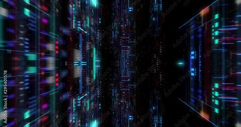 Poster seamless loop of abstract matrix hologram digital data flow. fly through time and space, warp throug