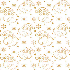 Christmas seamless pattern with Santa Claus with stars  and snowflakes on white background. Template for the graphic design of the Christmas holidays - for posters, greeting cards, holiday packaging