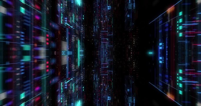Seamless loop of abstract matrix hologram digital data flow. fly through time and space, warp through science fiction binary code particles network. Science and Technology concept. 3D render