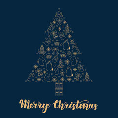 Abstract stylized christmas tree with gold contour on dark blue background. Vector illustration for greeting cards, invitations, gift wrapping and other thematic products.