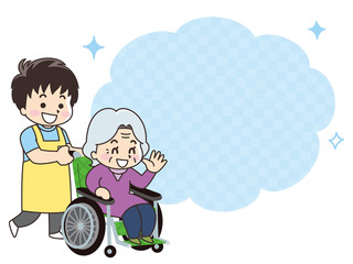 介護士の男性と車椅子のおばあさん　吹き出し
