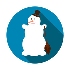 Cute Snowman on blue background with long shadow. Vector illustration for Christmas and New Year card. Flat design. EPS10.