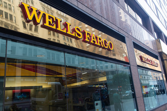 New York, New York/USA - September 16, 2019: Wells Fargo bank sign in midtown Manhattan