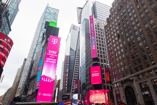 New York, New York/USA - September 16, 2019: General view of T-Mobile sign in Times Square, Manhattan New York