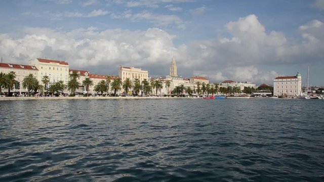 Old town of Split, Central Dalmatia, Croatia. Panorama. Palace of Diocletian, Riva promenade, Bell tower, Cathedral of Saint Domnius. Popular tourist destination. Harbour in Adriatic sea. Landmark.