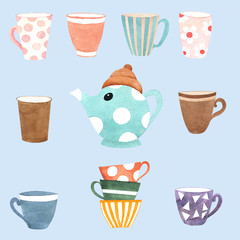 Blue teapot with colorful cups.Watercolor design