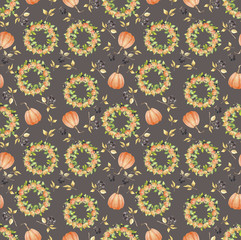 Seamless pattern with pumpkin wreaths on brown background