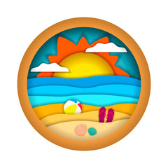 Multilayered summer landscape. Summer beach. Paper art, paper cut, 3d origami style. Vector illustration isolated on white background for advertising banners, flyers, posters, leaflets and more.