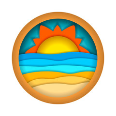 Multilayered summer landscape. Summer beach. Paper art, paper cut, 3d origami style. Vector illustration isolated on white background for advertising banners, flyers, posters, leaflets and more.