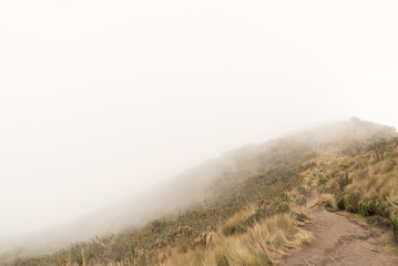 a single person wide muddy walking trail that sits high up in the andes mountains. the mist or fog is actually a passing cloud, moving over the ridge