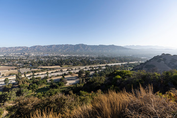 Hilltop view of Burbank, Glendale, Verdugo Mountain and the 134 Ventura Freeway in Los Angeles, California. 