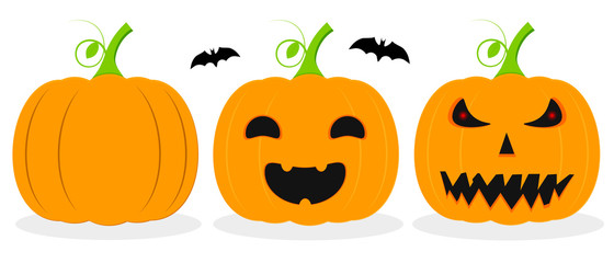 Pumpkin lantern icons, Halloween symbols, flat design template, spooky smile, vector illustration
