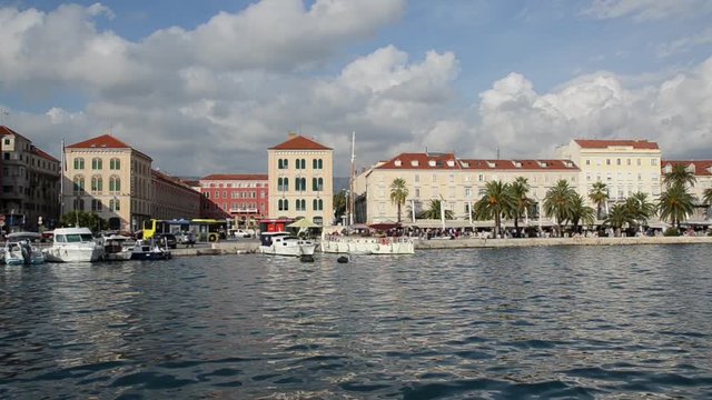 Town of Split, Central Dalmatia, Croatia. Panorama.  Palace of Diocletian, Riva promenade, Bell tower, Cathedral of Saint Domnius. Famous tourist destination. Harbour in Adriatic sea. 