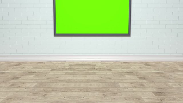Room with LCD TV panel hanging on the wall. Isolated green background. Can also be a painting or a photograph in a frame.