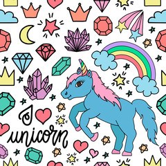Hand drawn seamless pattern with unicorns, rainbows, crystals and other elements. Vector background doodle or cartoon style for wrapping paper, wallpaper, textile and much more.