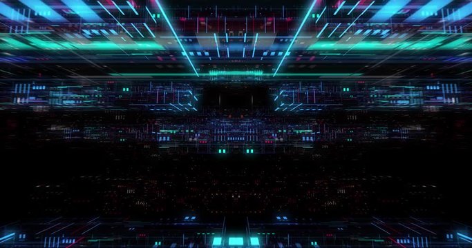 Flying futuristic central processing unit. electronic circuitry within a computer that carries out the instructions of a computer program performing arithmetic, logic, controlling. loop / 3D render