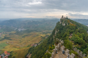 Fototapeta na wymiar Panoramic view of the Tower of Falesia Second Tower on Mount Titano in San Marino