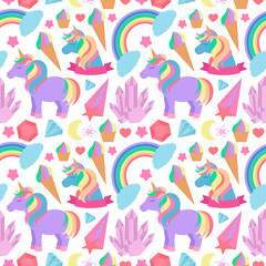 Fototapeta na wymiar Seamless pattern with unicorns, rainbows, crystals and other elements. Vector background in cartoon style for wrapping paper, wallpaper, textile and much more.