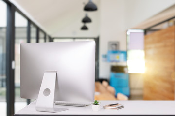 laptop monitor digital pc desk Workspace  Keyboard,blank screen coffee cup on a table in bright office room interior,Stylish workspace with desktop computer, office supplies
