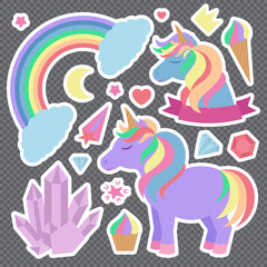 Cute unicorns and other elements. Set of vector stickers on transparent background.