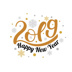 2019. Happy New Year. Handwritten lettering isolated on white background. Vector illustration for greeting cards, posters, web banners and much more.