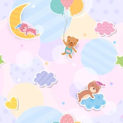 Gordijnen Illustratievector van schattige beer en ballon en wolkenontwerp naar naadloos patroon © tharnthip