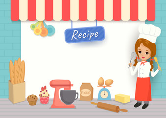 Illustration vector of bakery recipe template with cute girl chef and baking Equipment 
