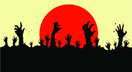 Fototapeta na wymiar Vector illustration, Flat Style, Horror halloween backgroud, silhouette of zombie hands come out of the ground or the cemetery on top there is a full moon, can use for card, poster, banner, invitation