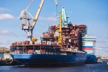 Process of building and construction a massive russian nuclear-powered icebreaker vessel ship in...