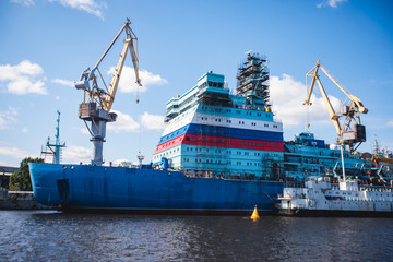 Process of building and construction a massive russian nuclear-powered icebreaker vessel ship in...