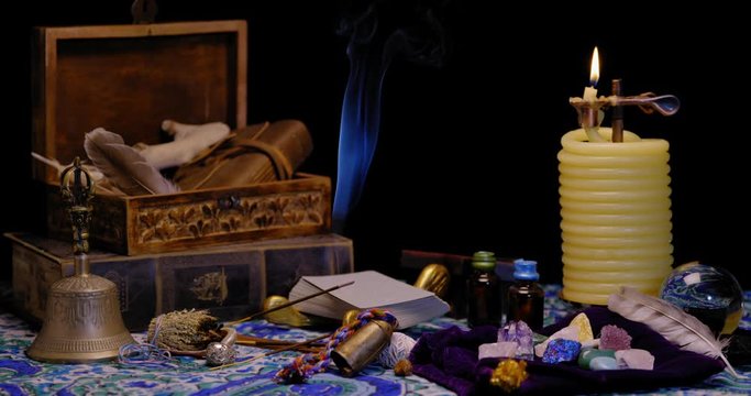 THE TOOLS OF A PSYCHIC.  4K, 10 BIT.  SLOW SLIDER SHOT ACROSS THE ITEMS.  NO PEOPLE.