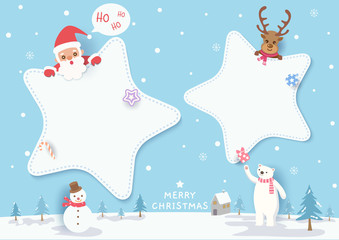 Merry Christmas with star frame, santa claus and reindeer on snowy background.