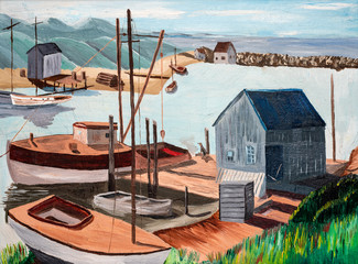 Folk style painting of typical fisherman boats and shacks in a harbor.