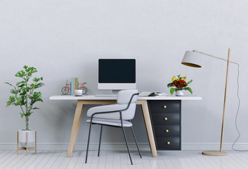 3D render of interior modern living room workspace with desk and desktop computer