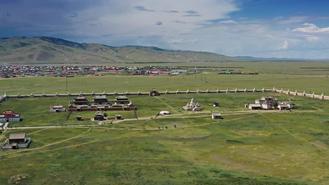 Aerial around view of the Kharkhorin Erdene Zuu Monastery in Kharkhorin (Karakorum), Mongolia. Karakorum was the capital of the Mongol Empire between 1235 and 1260, 4k