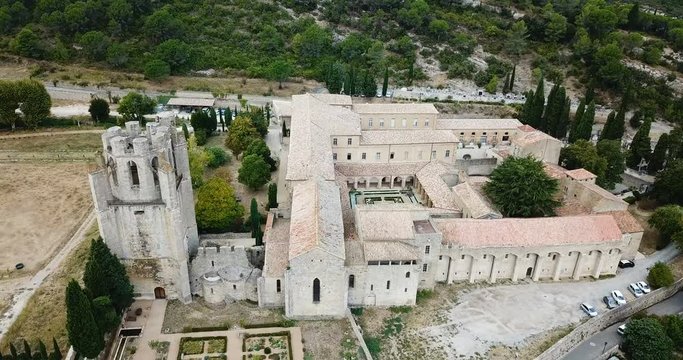 Aerial view  of Castle of Abbey Sainte-Marie d'Orbieu in Lagrasse,  France