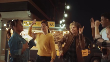 Group of Friends are Having a Party Outside a Street Food Burger Cafe