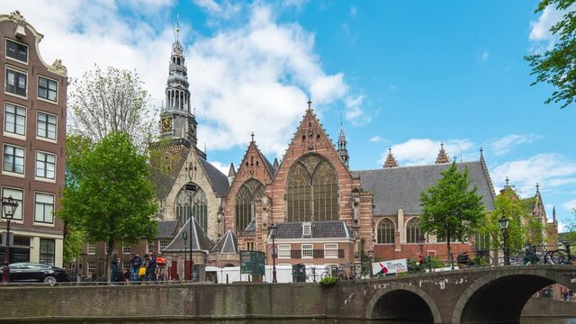 Time lapse video of The Oude Church in Amsterdam city, Netherlands