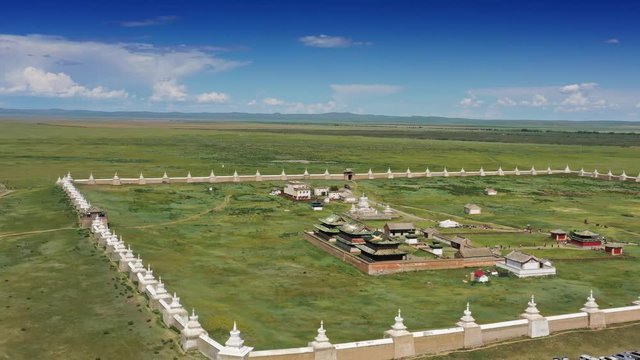 Aerial around view of the Kharkhorin Erdene Zuu Monastery in Kharkhorin (Karakorum), Mongolia. Karakorum was the capital of the Mongol Empire between 1235 and 1260, 4k