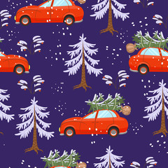 Cars carry Christmas trees. Seamless pattern. eps 10
