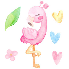 Cute cartoon illustration. Hand drawn watercolor. Set of tropical pink flamingos, heart, leaf, flowers. The template is isolated on a white background.