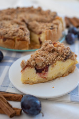 Fresh plum cheesecake with cinnamon and almond crumble