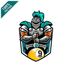 Vector sport logo, knight  illustration and billiard ball 9 on the shield background. Logo for sport club or team. Vector illustration