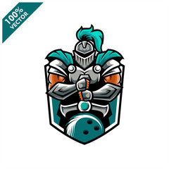 Vector sport logo, knight  illustration and bowling on the shield background. Logo for sport club or team. Vector illustration