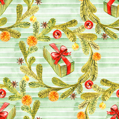 Seamless watercolour background pattern with gift boxes. Christmas presents