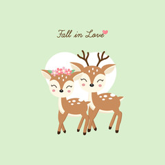 Happy valentines day greeting card. Couple deer fall in love.