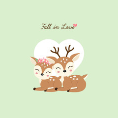 Happy valentines day greeting card. Couple deer fall in love.