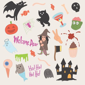 Set of cute Halloween icons, illustration, cat, ghost, fish, castle, zombie, witch cocktail, grave, werewolf, pumpkin hand and peace