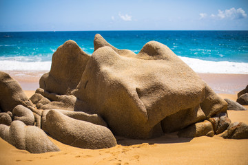 Fototapeta na wymiar Rock formations at Lover's Beach (Playa del Amor) by Cabo San Lucas on the Baja California coast in Mexico.