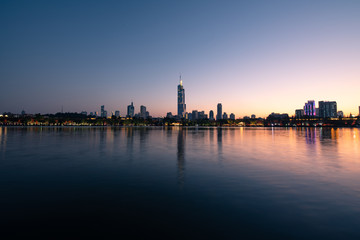 Skyline of Nanjing city by Xuanwu lake in the night in China